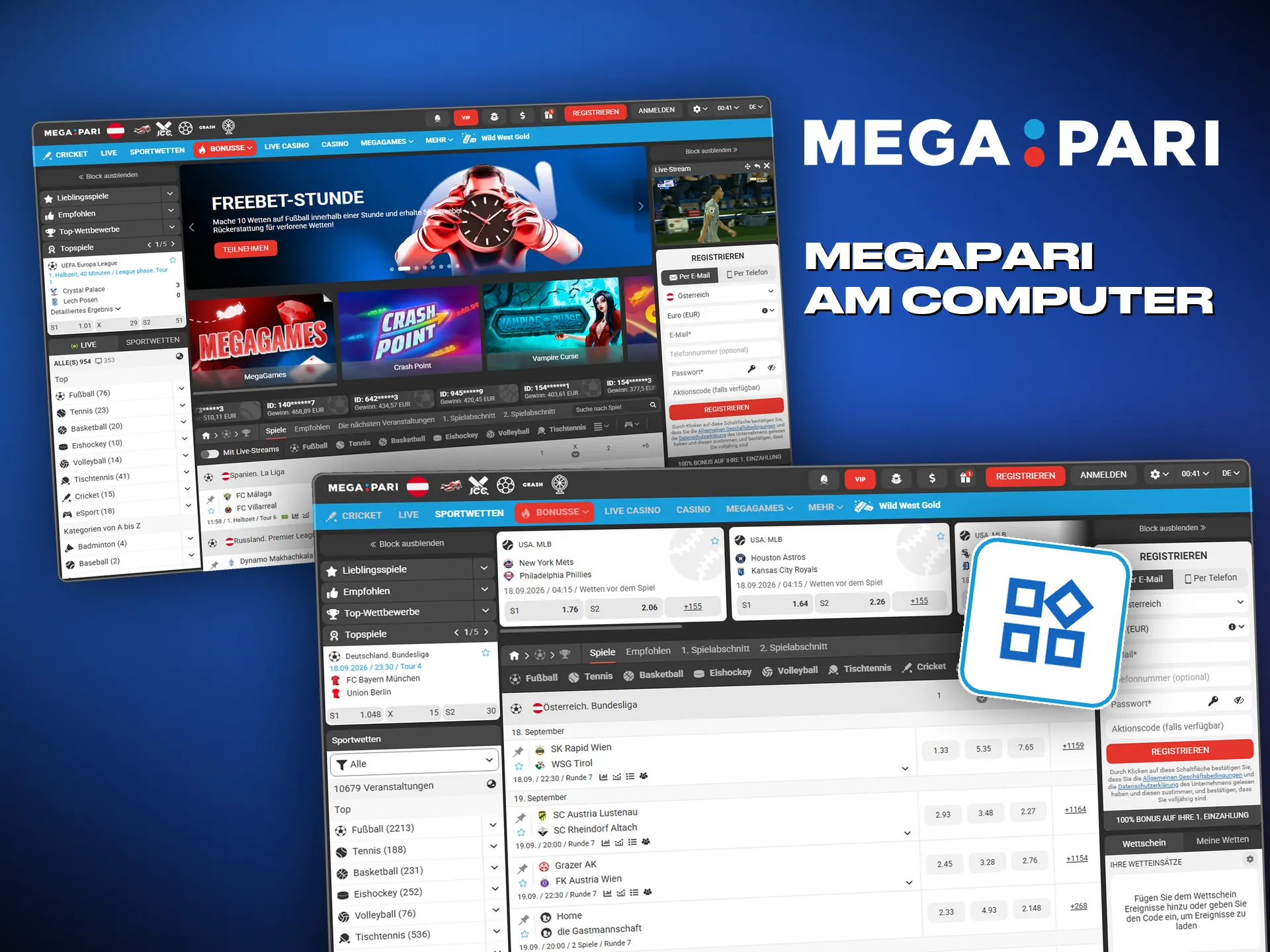 Megapari am Desktop, mit mehreren Partien und Live-Wetten nebeneinander