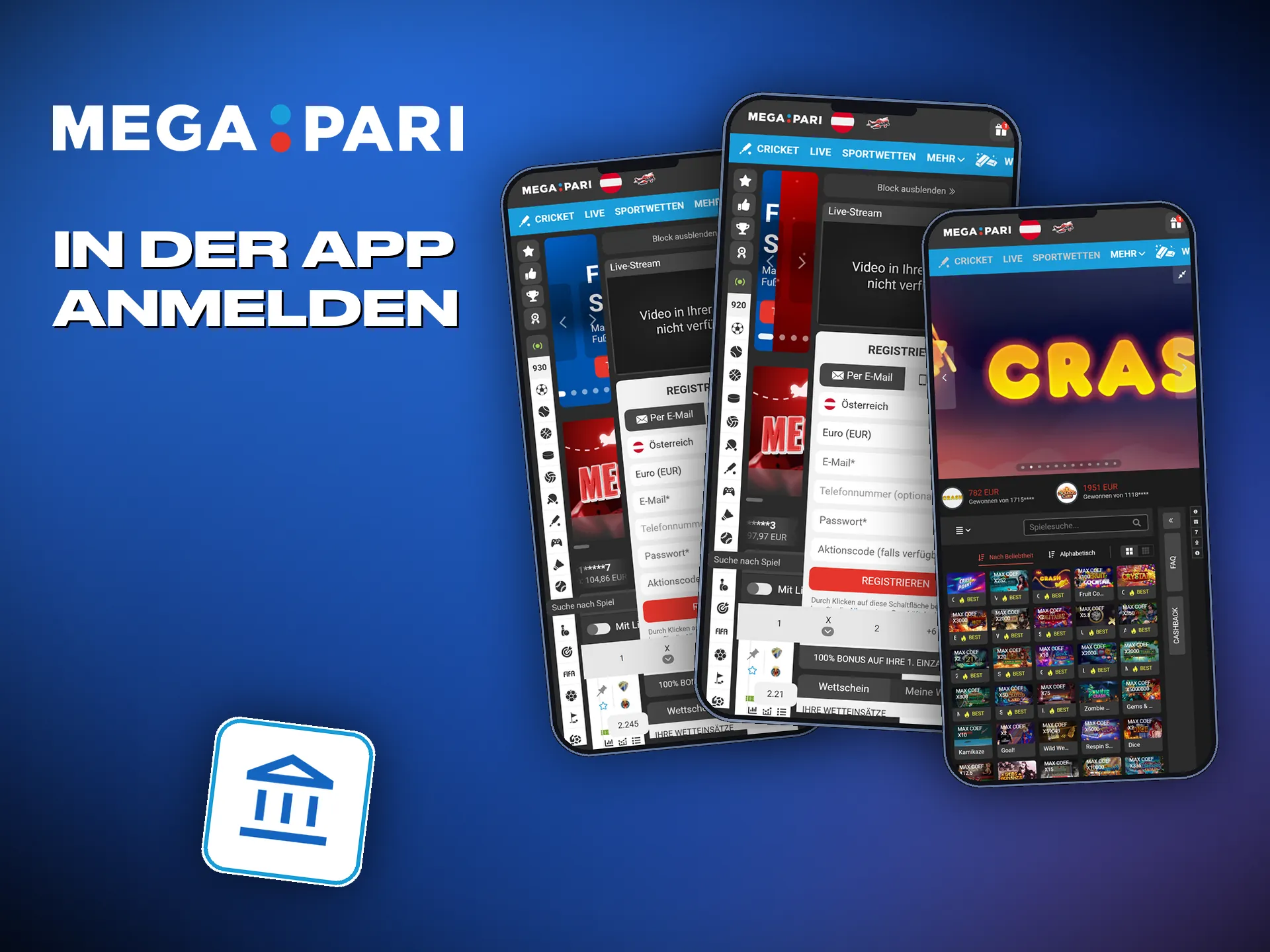 Anmeldung in der Megapari App mit E-Mail oder Telefonnummer