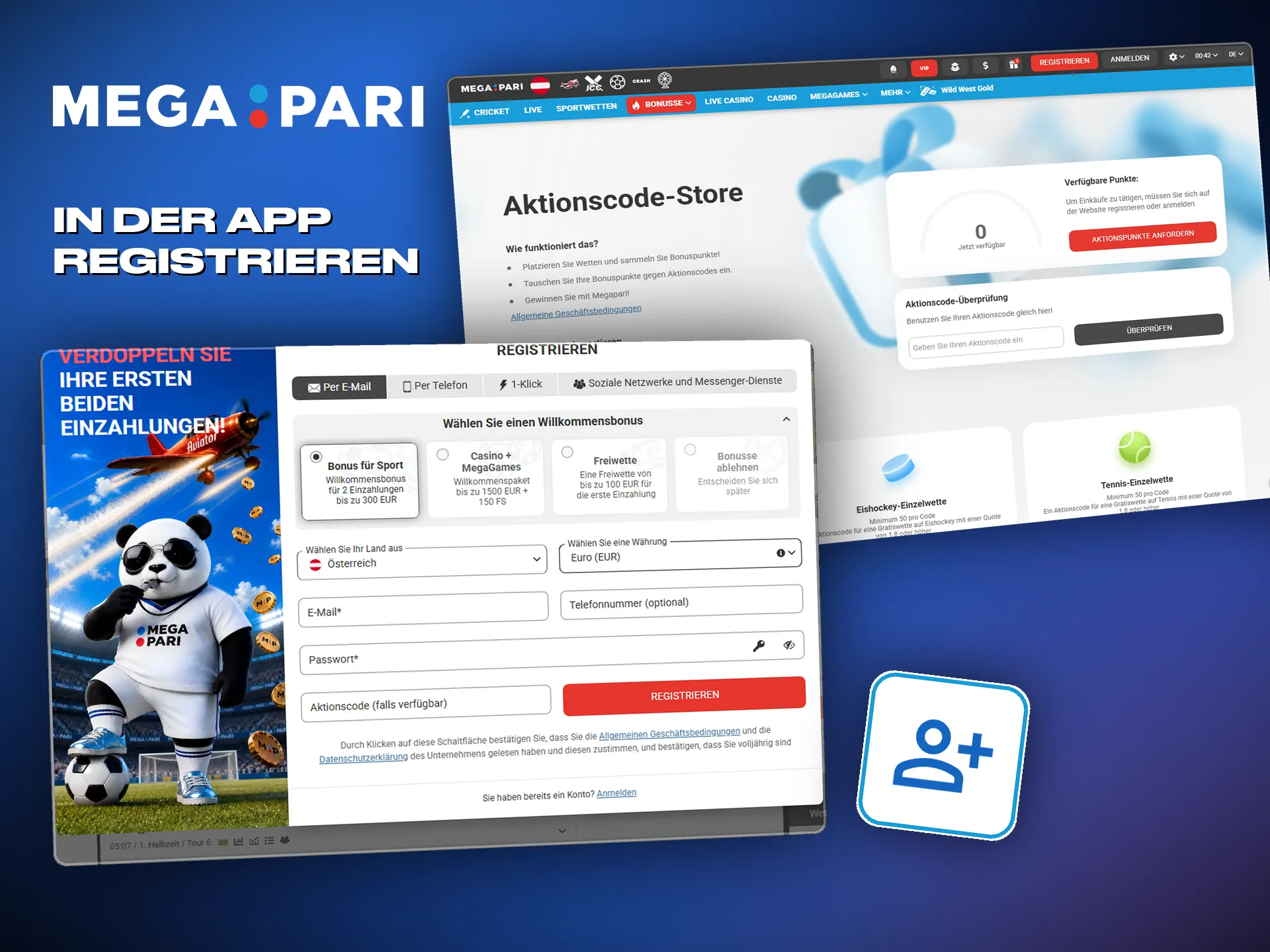 Anmeldung in der Megapari App, samt Feld für den Promo-Code