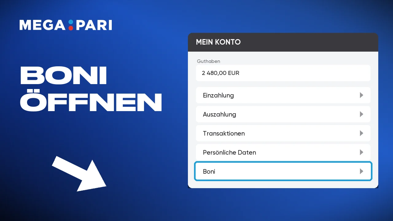 Das Bonusmenü im Megapari Konto, mit Willkommensbonus und Cashback