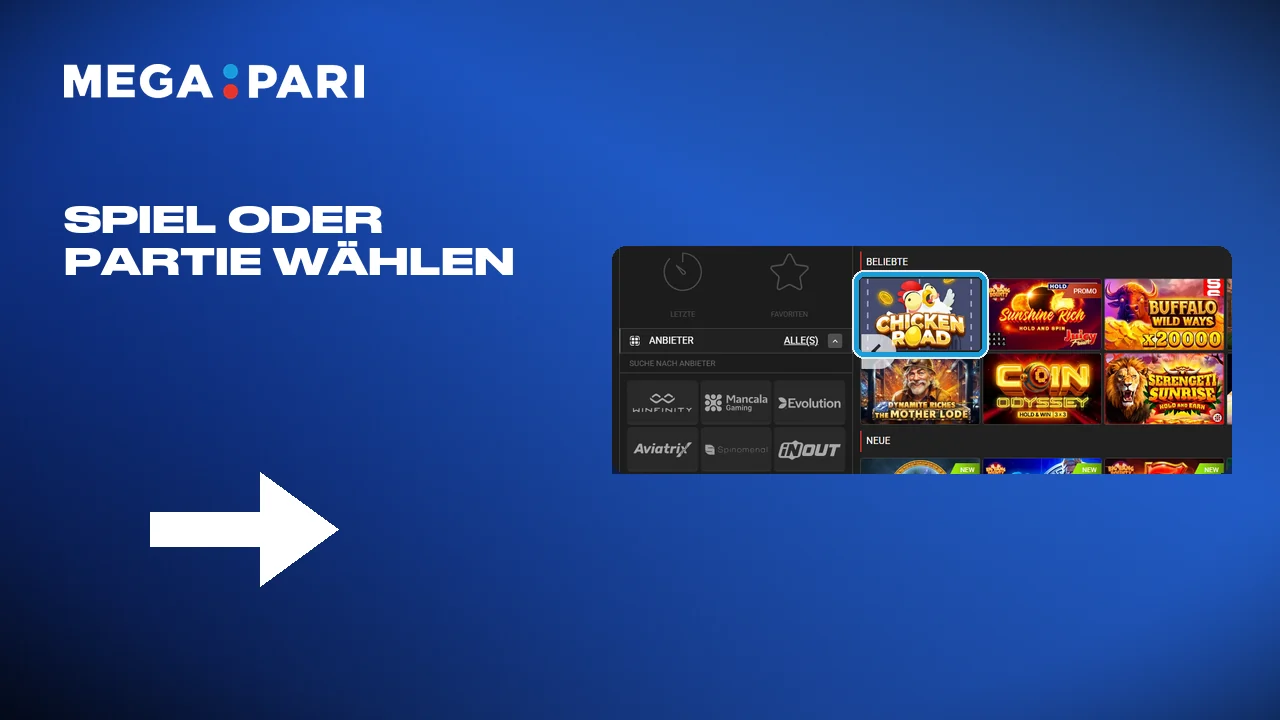 Das Spiel oder die Partie bei Megapari auswählen