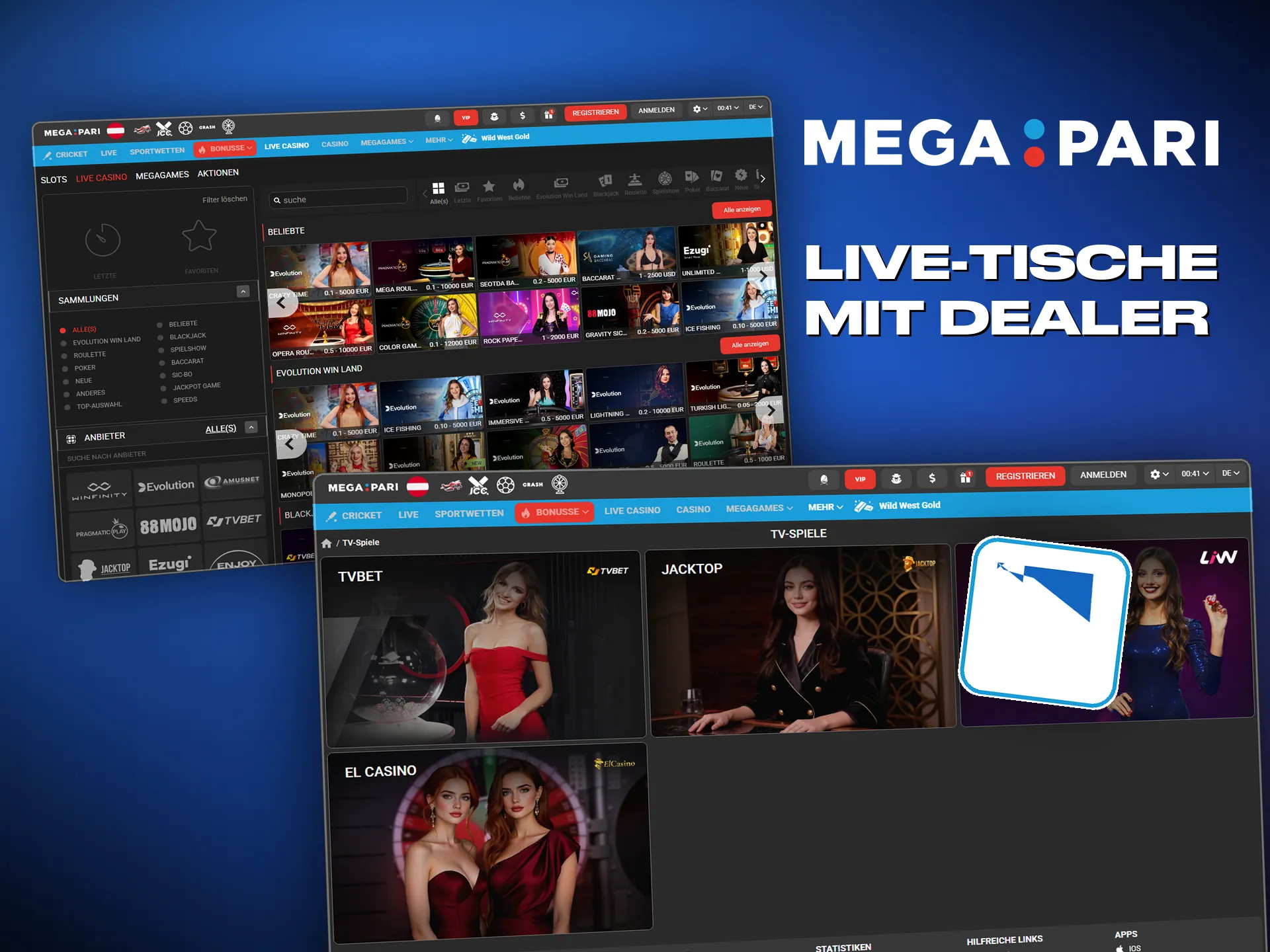 Live-Spiele von Evolution und Pragmatic bei Megapari in hoher Auflösung